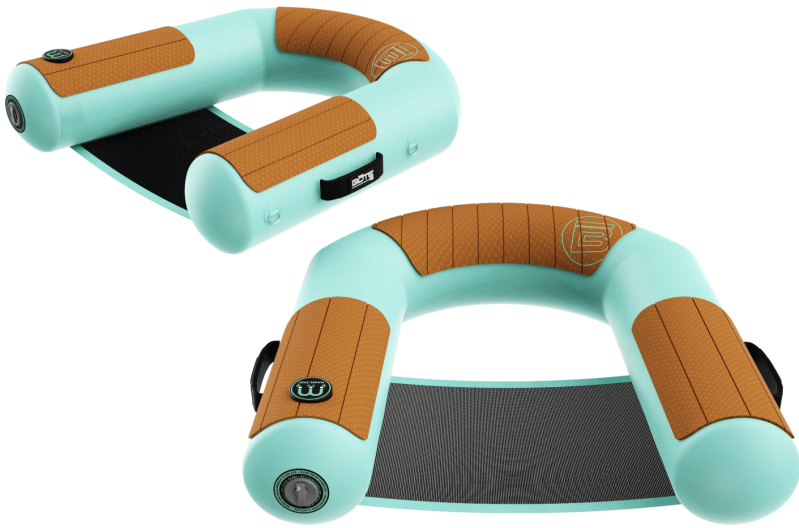 Two inflatable pool chairs with teal edges and brown seating areas.