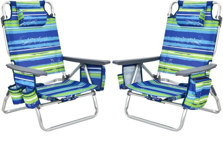 Two striped beach chairs with cup holders.