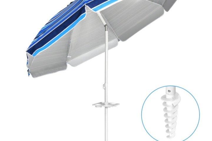 Blue striped beach umbrella with a spiral sand anchor.
