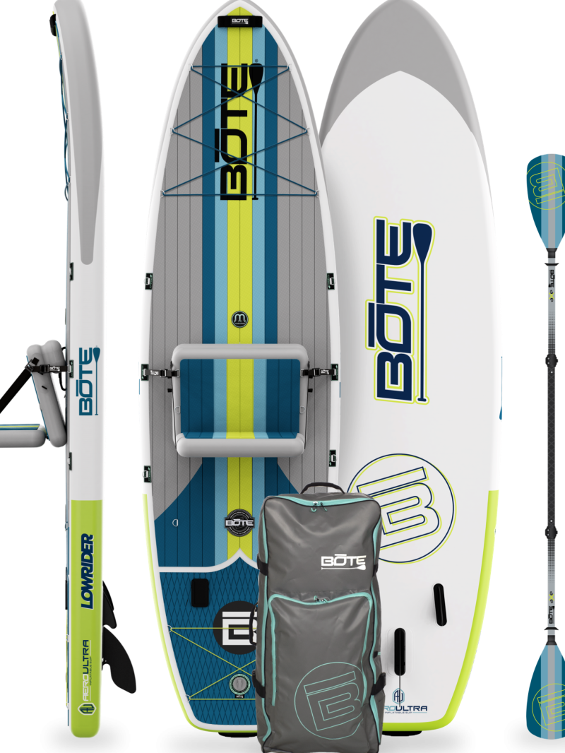 Bote inflatable kayak set with paddle, pump, and backpack.