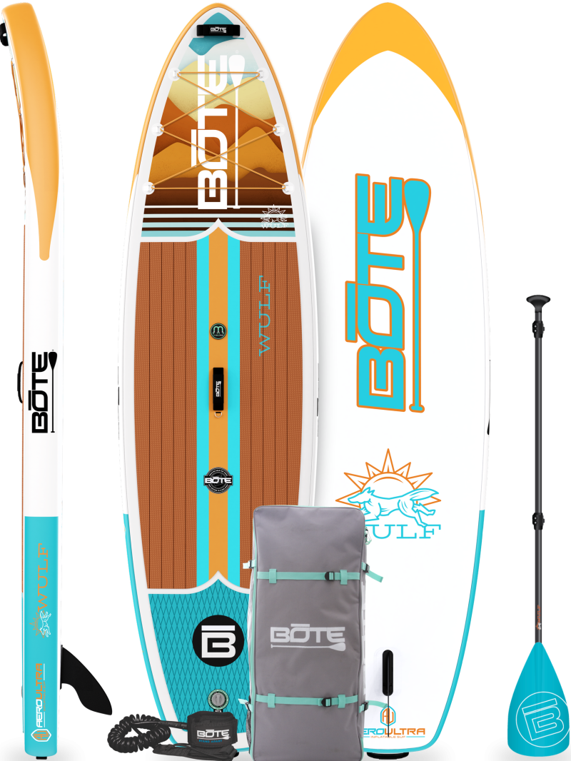 Paddleboard set with board, paddle, pump, leash, and bag in teal, white, and brown colors.