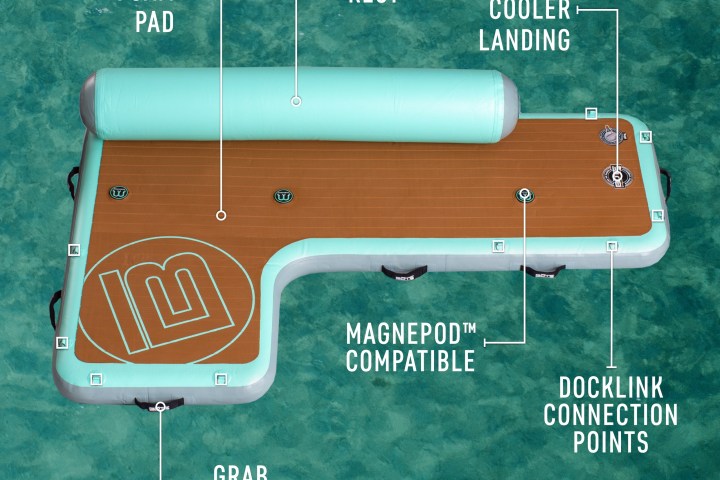 Floating water pad with labels describing features on a turquoise sea.
