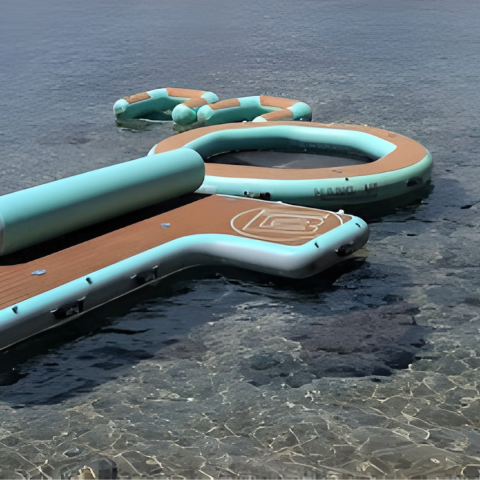 Floating inflatable dock and loungers on clear water.